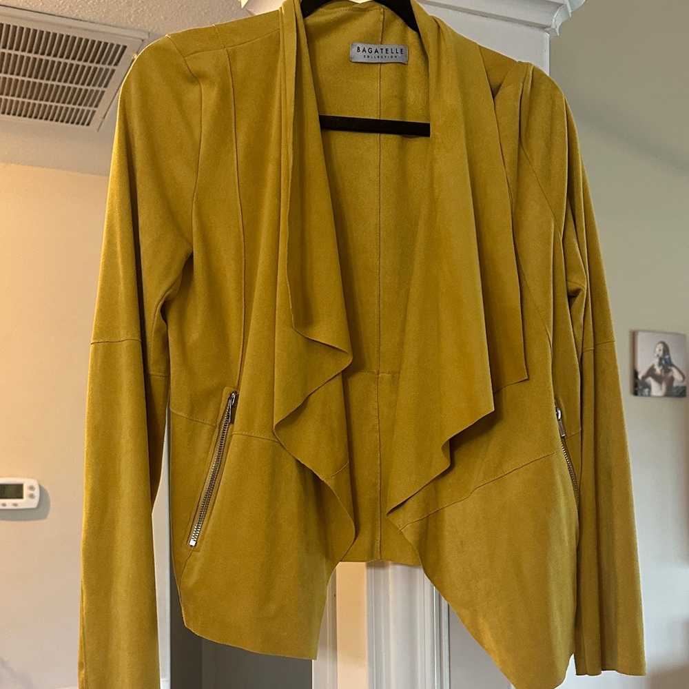 bagatelle Mustard Draped Open-Front Blazer with Zip Pockets